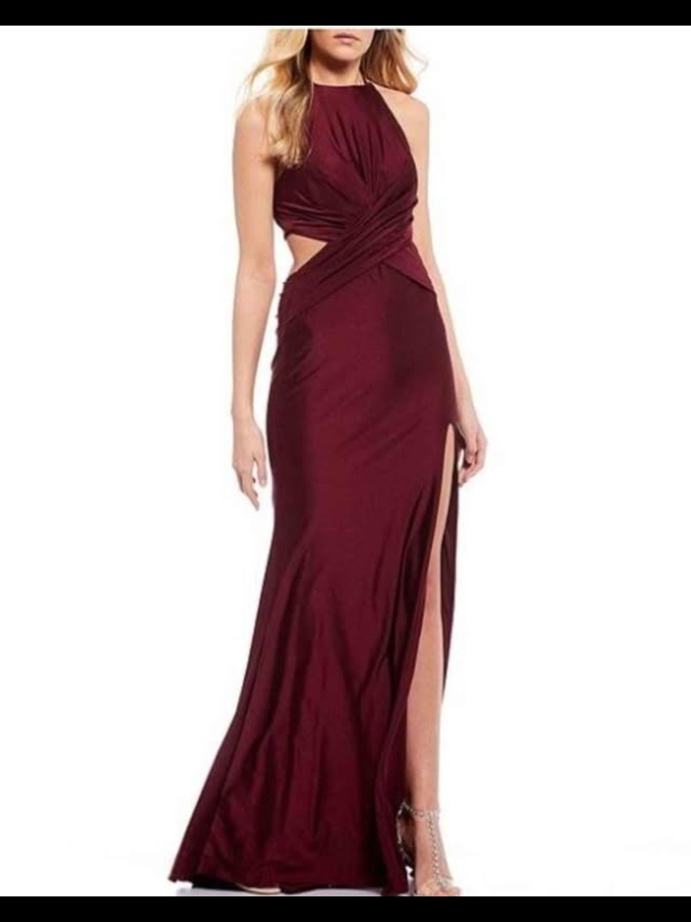 Abbi Vonn La Femme Spaghetti Strap Mock Neck X- Back High Side Slit Long Satin